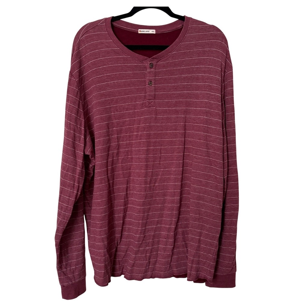 Marine Layer Mens 2XL Henley Long Sleeve Shirt Burgundy Striped Casual Preppy